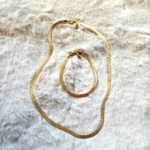 Vintage 14K Gold GE Linn Herringbone Reversible Necklace & Bracelet Set